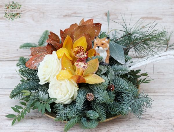 golden bowl with yellow orchid, fox and white rose