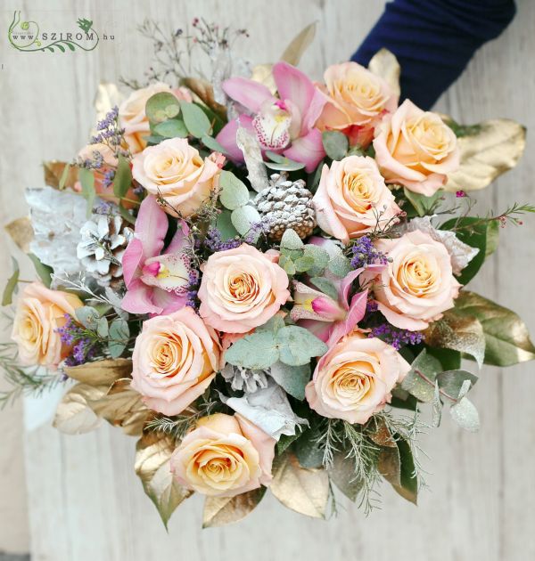 peach gold colored round bouquet with orchids and roses and small flowers (18 stems)