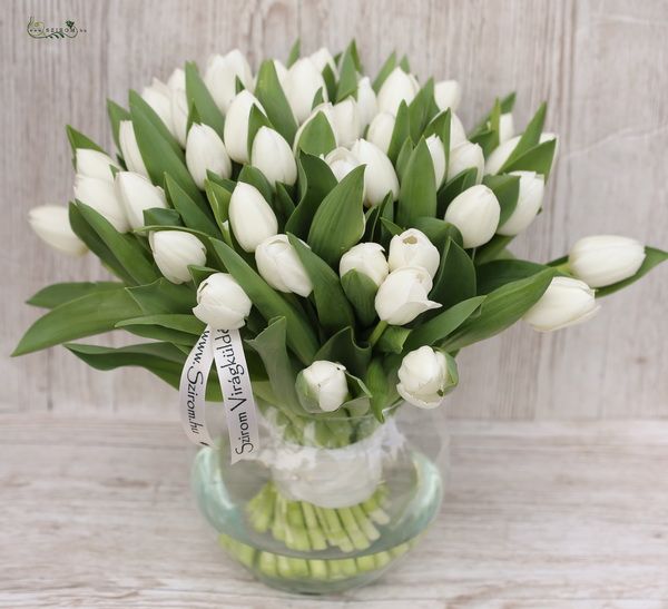 60 white tulips in a glass ball