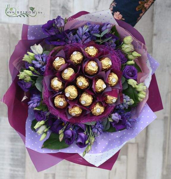 bouquet with ferrero chocolate and purple flowers