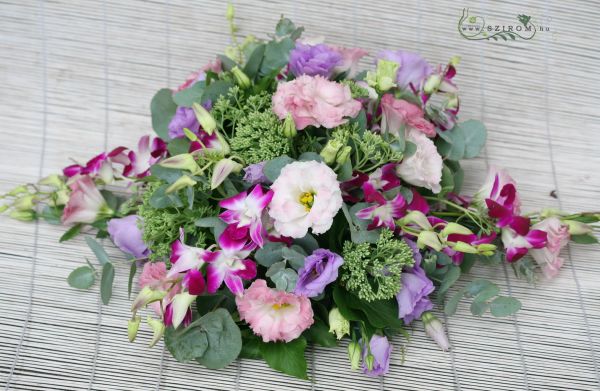 Main table centerpiece (orchids, lisianthus, purple), wedding