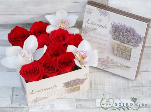 Box mit Rosen und Orchideen (12 Stiele)