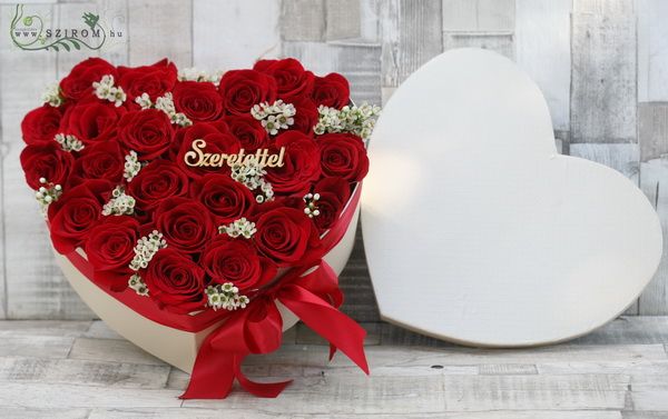 big heart rose box with small flowers and wooden sign (25 red roses)