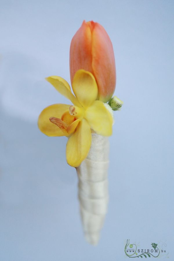 Boutonniere of tulip and orchid (yellow, orange)