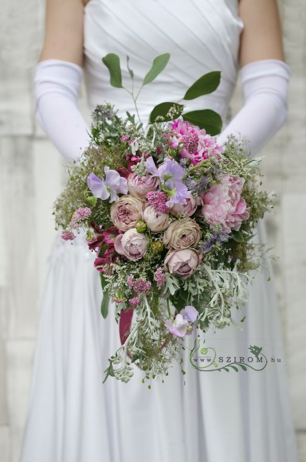 Bridal bouquet rustic teardrop (peony, English rose, lathyrus, limonium, purple, pink)