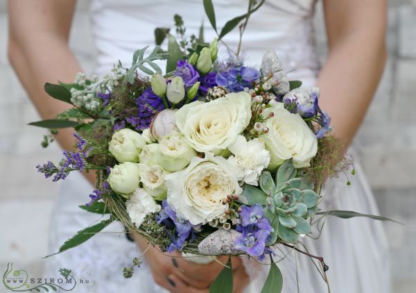 Bridal bouquet of purple-white nest (English rose, rose, carnation, limonium, lily of the valley, vax, liziantusz, consolida)