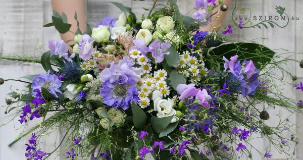 Bridal bouquet rustic oval wildflower style (scabious, chamomile, english rose, mini protea, purple, white)