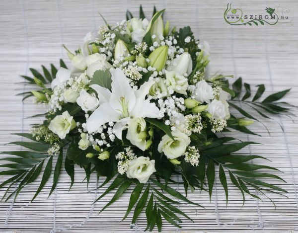 round car flower arrangement with lilies, lizianthus and baby's breathe (white)
