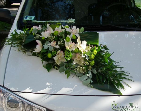 oval car flower arrangement with orchids (white, green, pink)