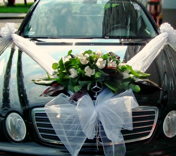 oval car flower arrangement with orchids (white)