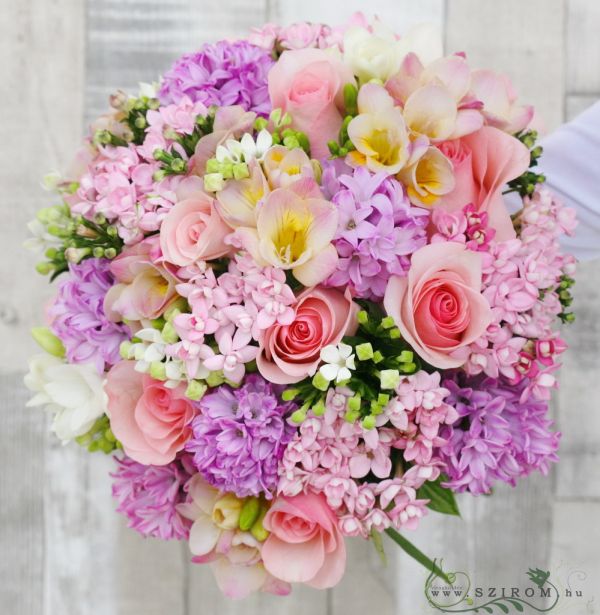 Bridal bouquet with hyacinths, bouvardias, freesias, roses (pink)