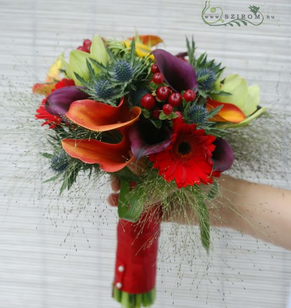 Bridal bouquet with callas, orchids, eryngium (colorful)