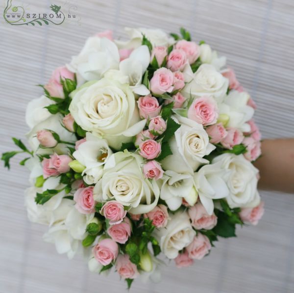 Bridal bouquet of roses, spray roses and freesias (white,pink)