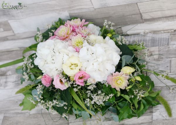 Teardrop shaped centerpiece (white, pink, hydrangea, lisianthus, dahlia), wedding