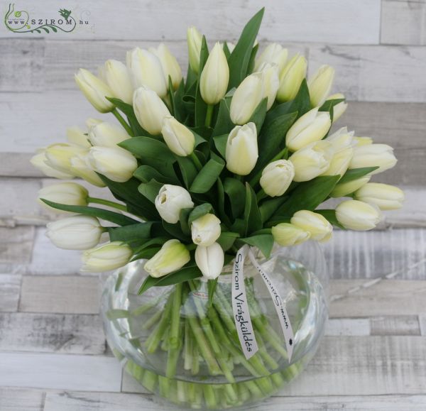 Tulips in big glass ball (white), wedding