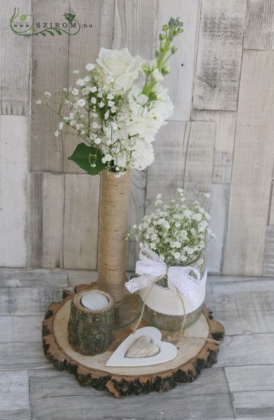 wedding centerpiece with wooden slice (white, rose, gypsophila, stock)