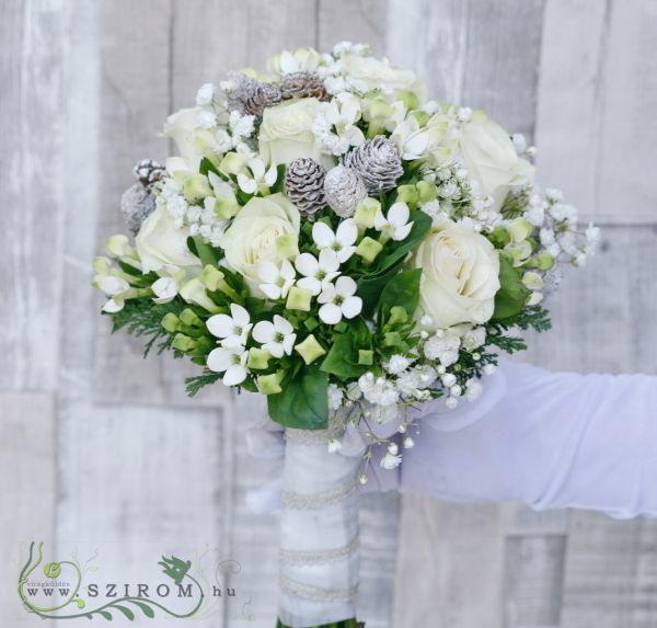 Bridal bouquet for winter wedding (rose, bouvard, pine, gypsophila, white)