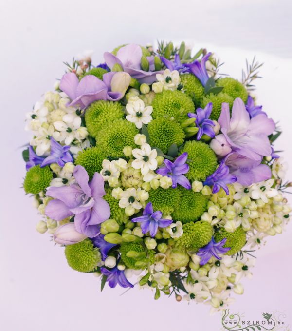 Bridal bouquet, with green pompons, purple freesias, ornithogalums