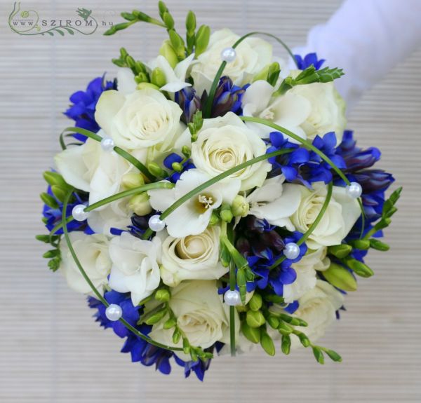 Bridal bouquet with blue gentiana (rose, freesia, white, blue)