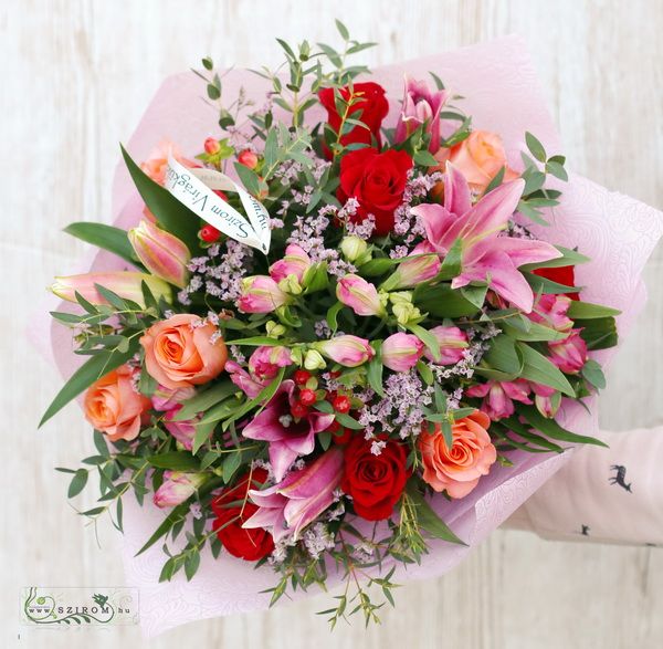 Red and peach bouquet of roses, lilies, small flowers (21 stems)