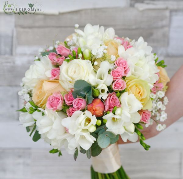 Bridal bouquet (tulip, freesia, rose, spray rose, gypsophila, white, pink)