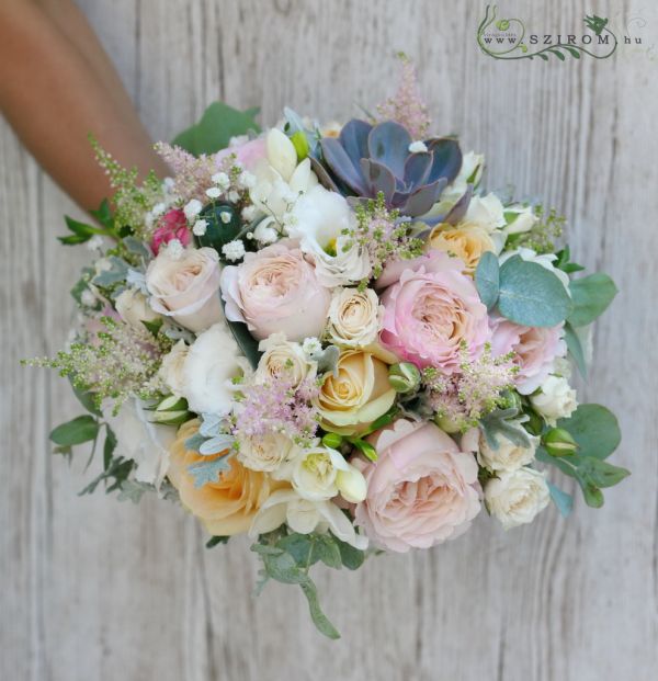 bridal bouquet (david austin rose, lisianthus, sempervivum, freesia, astilbe, spray roses, pink, white)