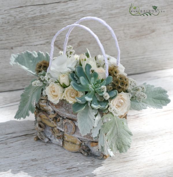 bridal bag bouquet (lizianthus, spray roses, sempervivum, white, silver)