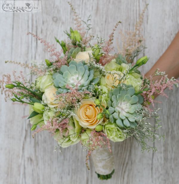 bridal bouquet (sempervivum, roses, lizianthus, astilbe, green, peach)