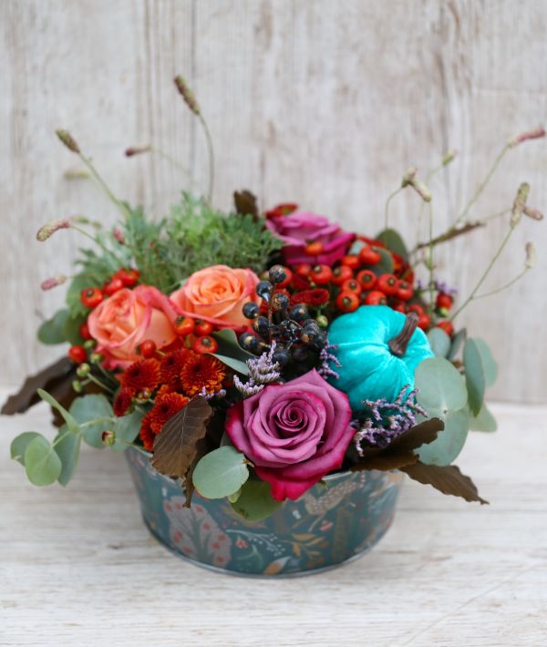 Autumn flower bowl with pumpkin, in metal pot with woodland animal pattern