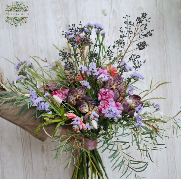 Big bushy bouquet with gerbera, carnation, vanda orchid