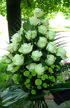 flower delivery Budapest - sympathy bouquet of 20 white roses, 5 green pompoms