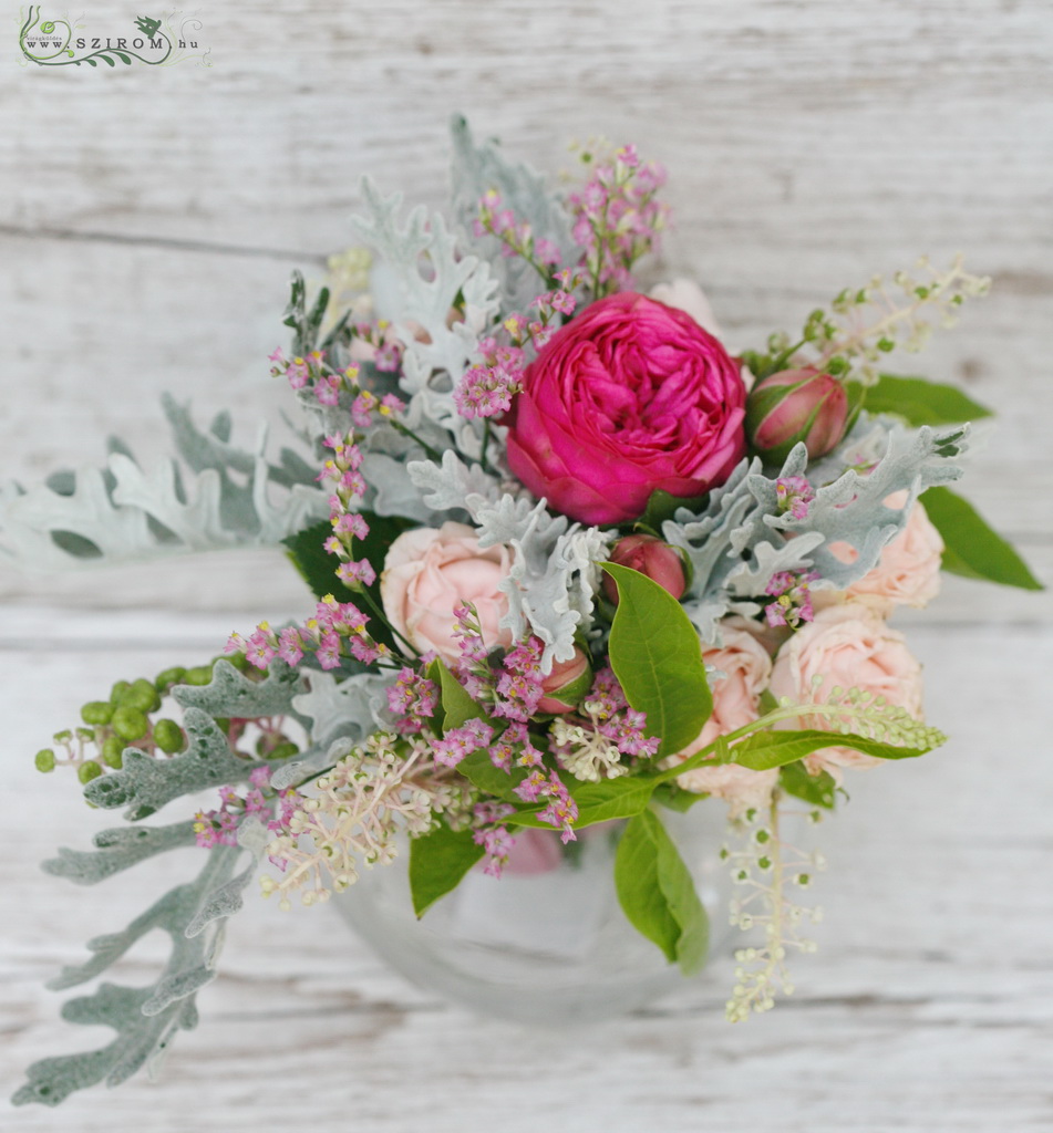 Asztaldísz (angol rózsa, sóvirág, rózsaszín), esküvő