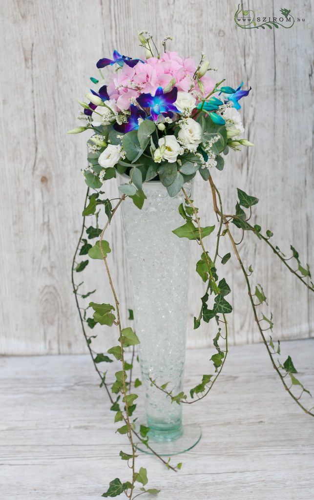 Asztaldísz (hortenzia, liziantusz, dendrobium, fehér, kék, rózsaszín ), esküvő