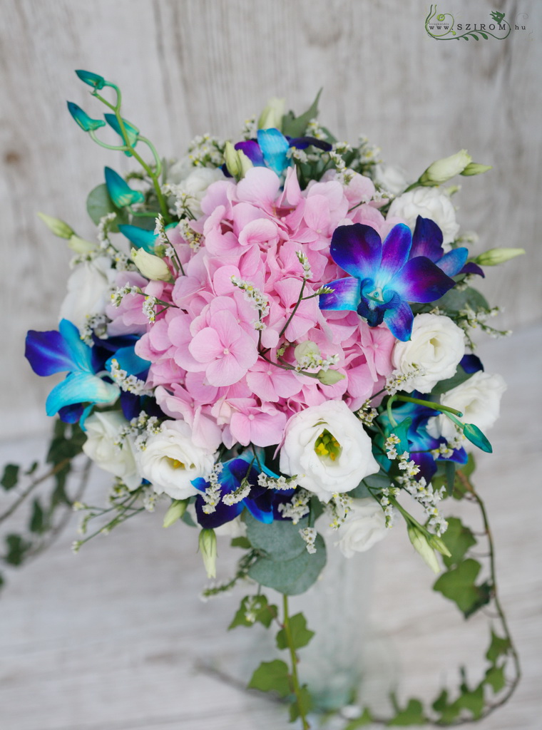 Asztaldísz (hortenzia, liziantusz, dendrobium, fehér, kék, rózsaszín ), esküvő