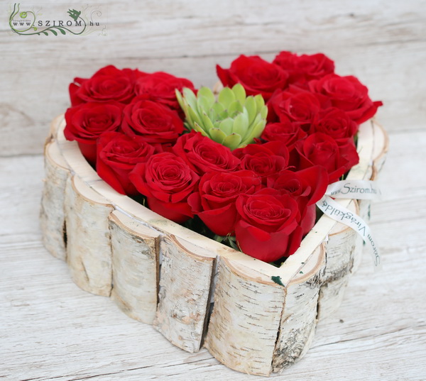 Virágküldés Budapest - Faháncs szív, vörös rózsával, kövirózsával (37cm, 19 szál)