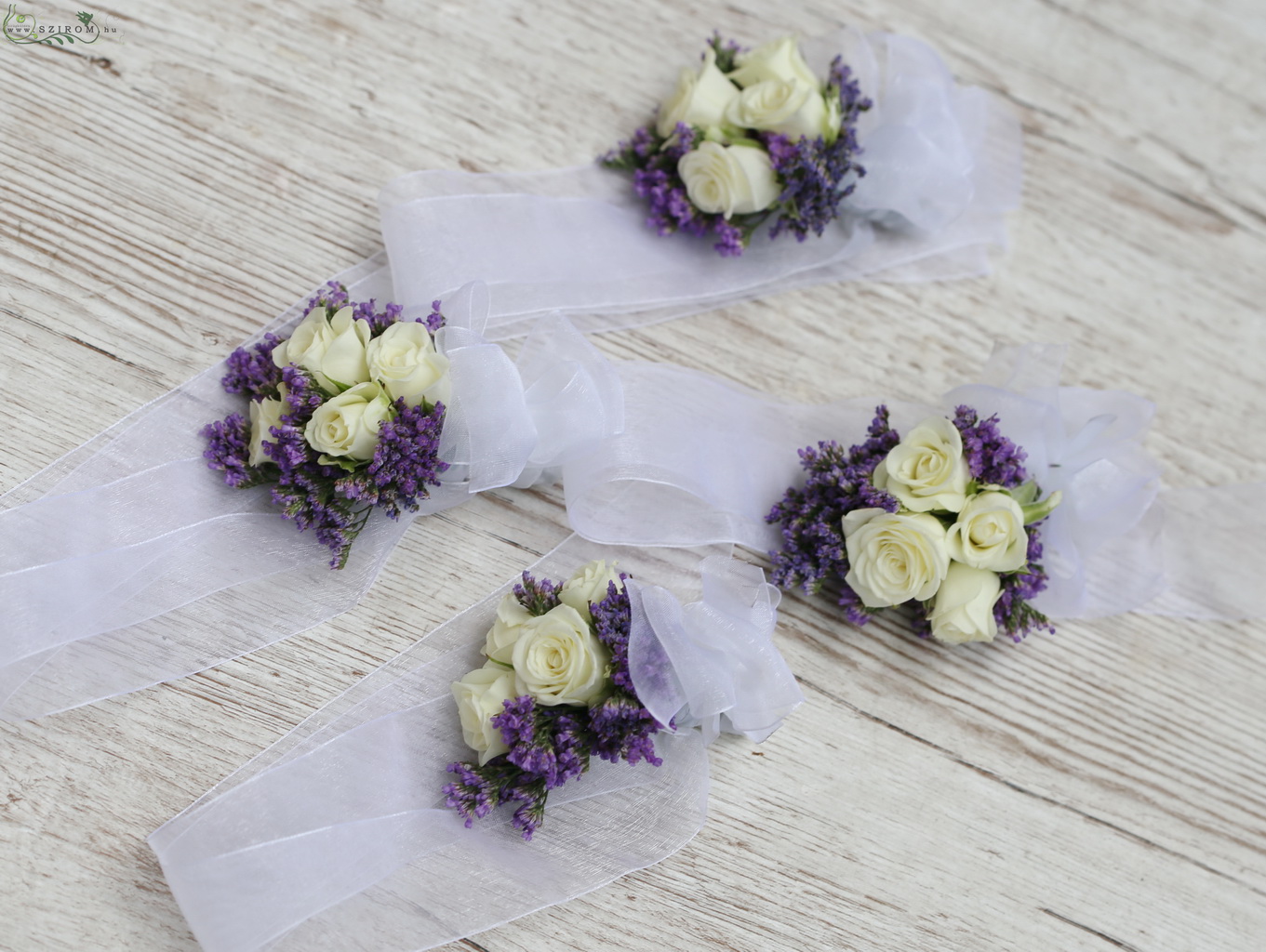 flower delivery Budapest - wrist corsage made of statice, spray roses, white, purple)