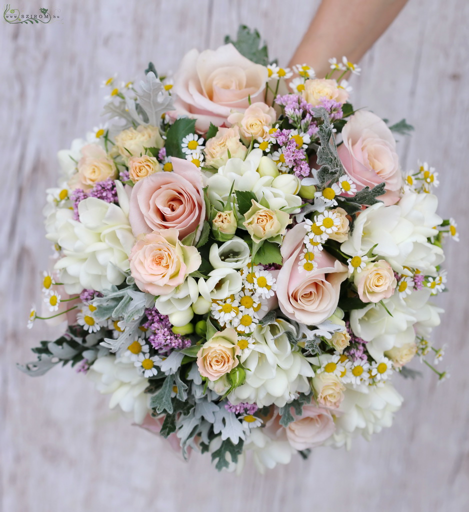 Bridal bouquet (rose, spray rose, fresia, statice, chamomile, white, pastel)