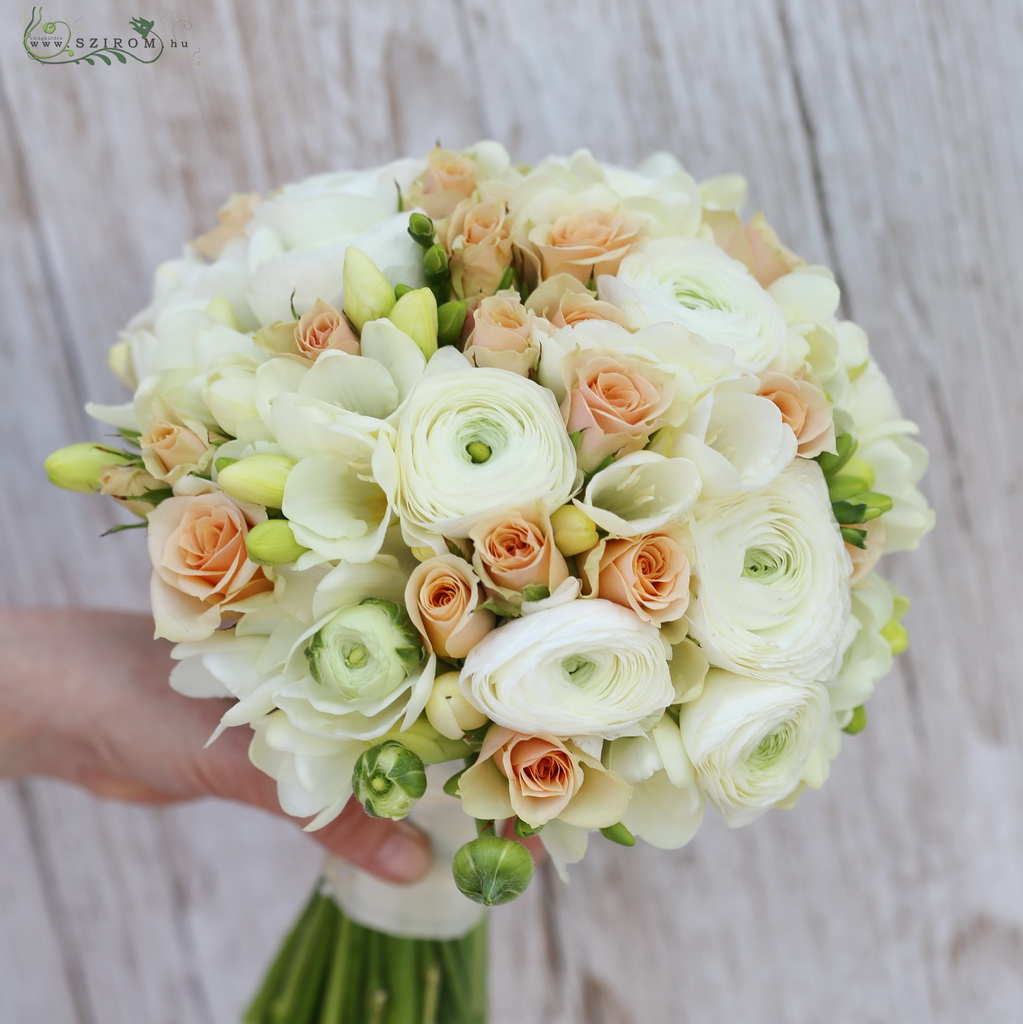 Bridal bouquet (fresia, ranunculus, spray rose, white, peach) spring
