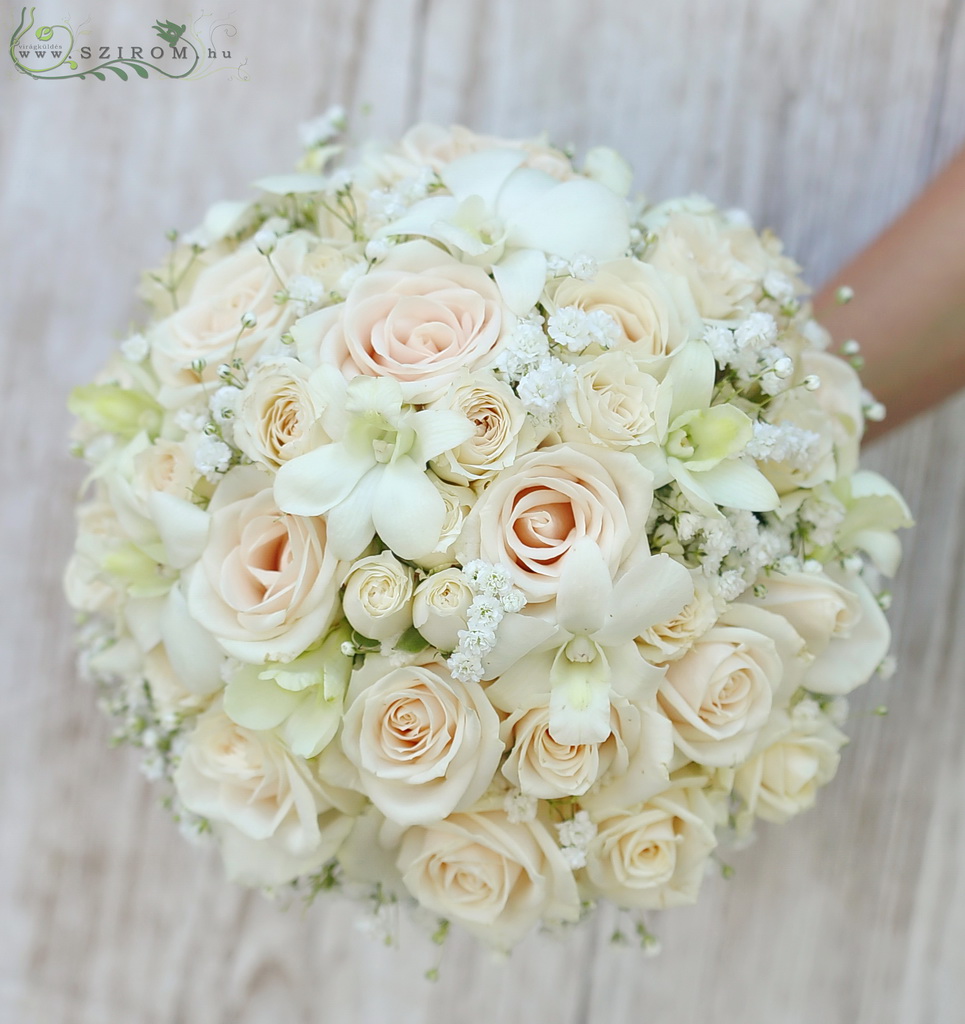 Menyasszonyi csokor (rózsa, bokros rózsa, rezgő, dendrobium orchidea, fehér, púder, krém)