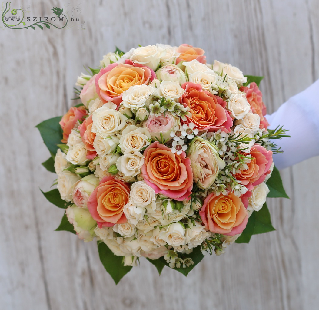 Menyasszonyi csokor (rózsa, angol rózsa, bokros rózsa, viaszvirág, barack, korall, krém)