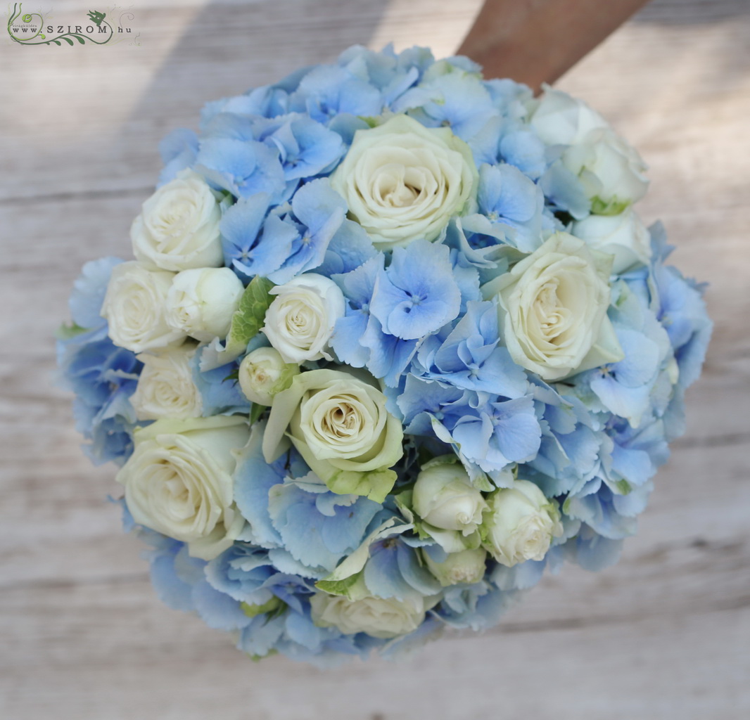 Bridal bouquet (hydrangea, rose, spray rose, white, blue) summer, autumn, winter