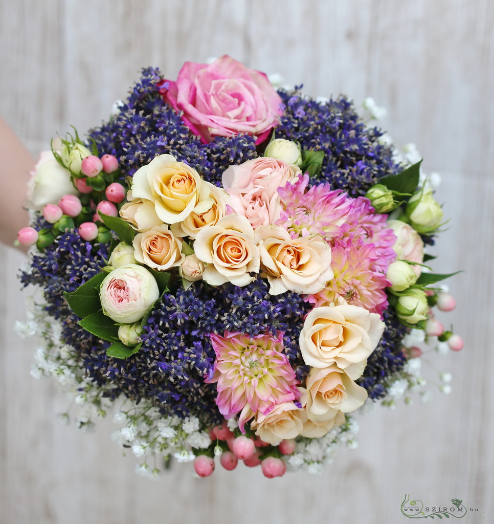 flower delivery Budapest - Bridal bouquet (levander, rose, spray rose, baby breath, purple, pink, peach)