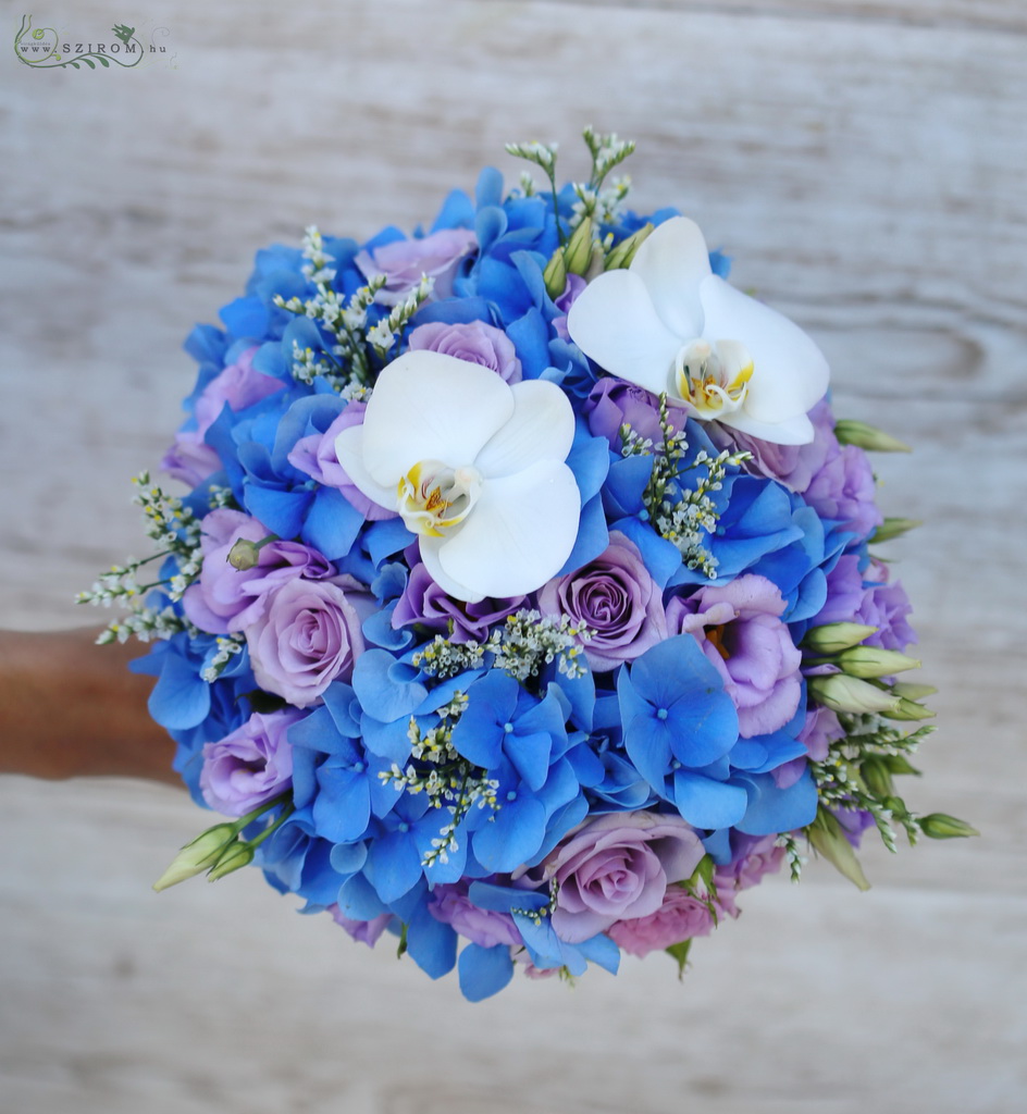 Menyasszonyi csokor (hortenzia, phalaenopsis orhidea, liziantusz, rózsa, kék, lila)