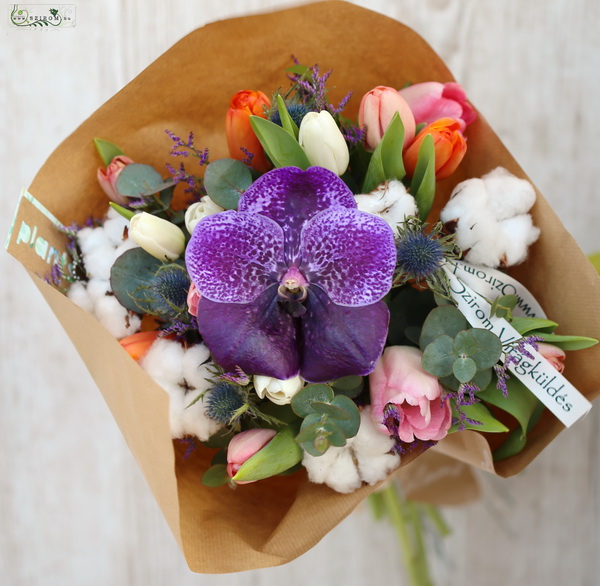 flower delivery Budapest - Mixed tulips with vanda orchid and cotton flowers
