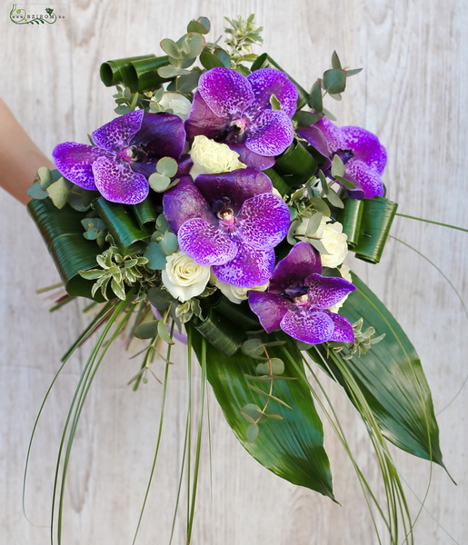 Blumenlieferung nach Budapest - Vanda-Orchideen mit 5 weißen Rosen, im modernen Blumenstrauß