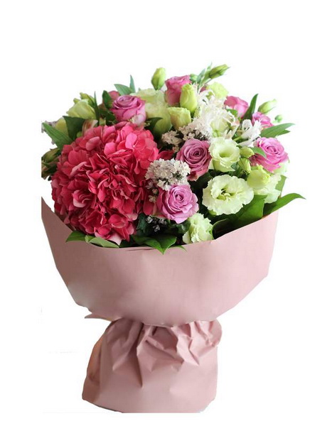 Blumenlieferung nach Budapest -  Rundes Bouquet aus Hortensien, Rosen, Lisianthus (22 Stängel)