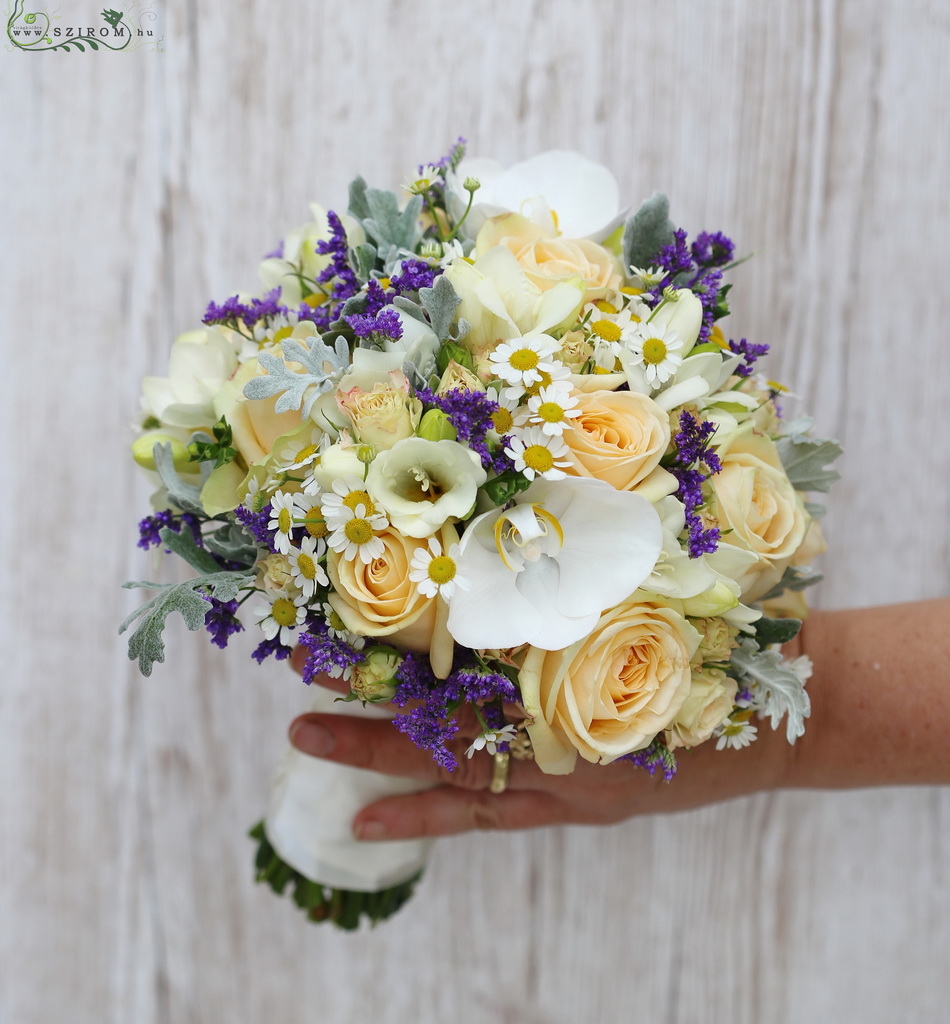 Bridal bouquet (rose, phalaenopsis orchid, spray rose, fresia, chamomile, limonium, senecio, white, cream, peach, purple)