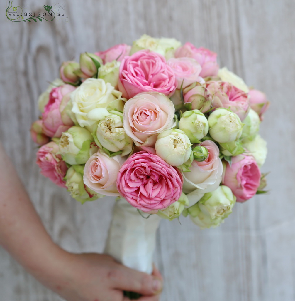 Menyasszonyi csokor (rózsa, angol rózsa, halvány rózsaszín, rózsaszín, fehér)
