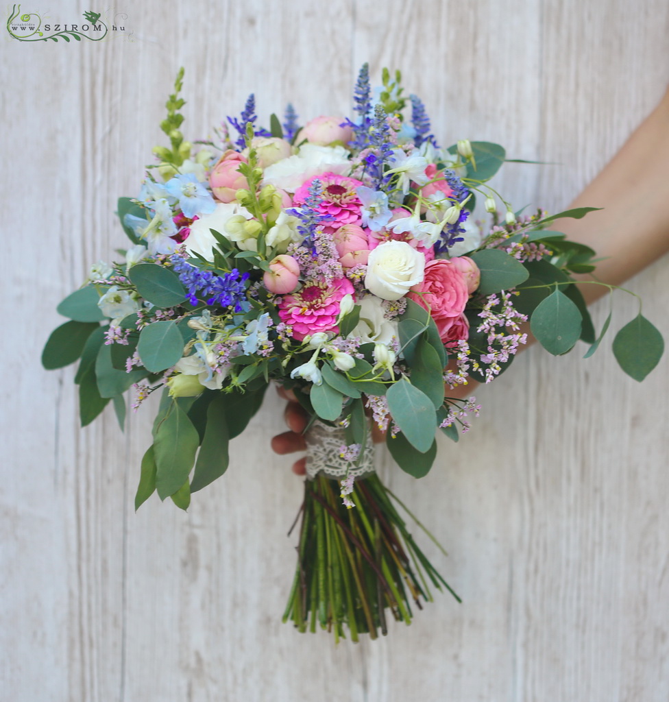 Bridal bouquet (english rose, lisianthus, wild flowers, eucalyptus, white, pink, blue)