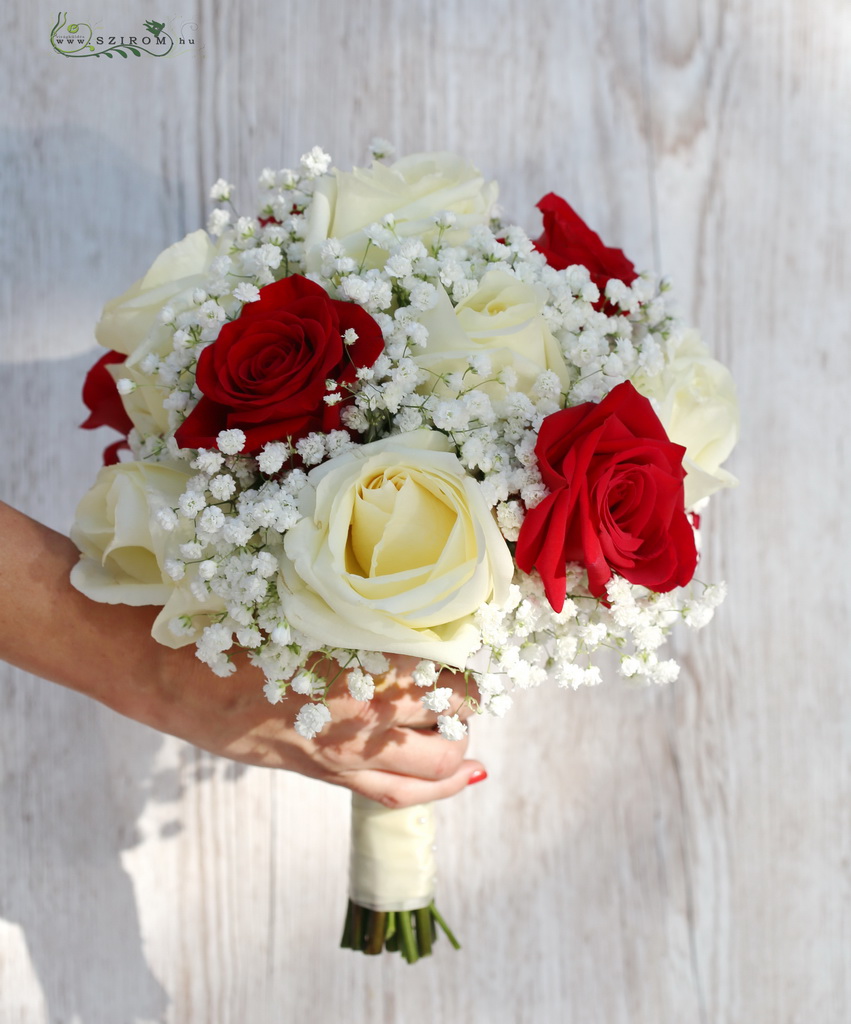 Bridal bouquet (rose, baby's brath, white, red)